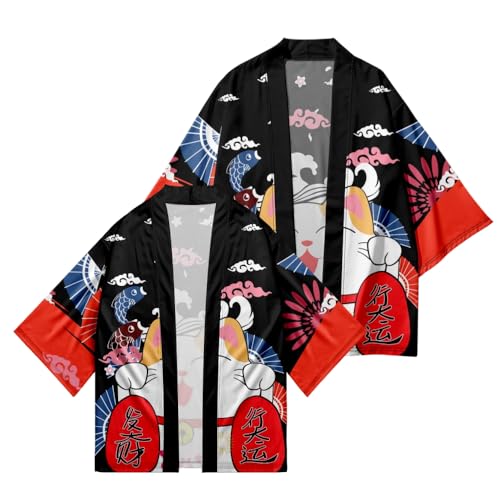 Image of LAI MENG FIVE CATS Women's Lucky Cat Cardigan Kimono Loose Cover up Casual Blouse Cute Tops