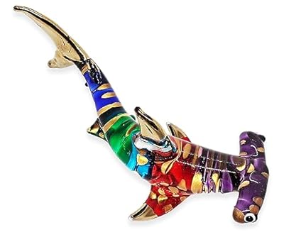 Mr_air_thai_Glass_Blown Tiny 3½" Long Multicolor Gold Dotted Hammerhead Shark Figurine - Miniature Hand Blown Glass Animal Colorful Marine Sea Fish Crystal Decorative Collectible Figurines Décor Gifts
