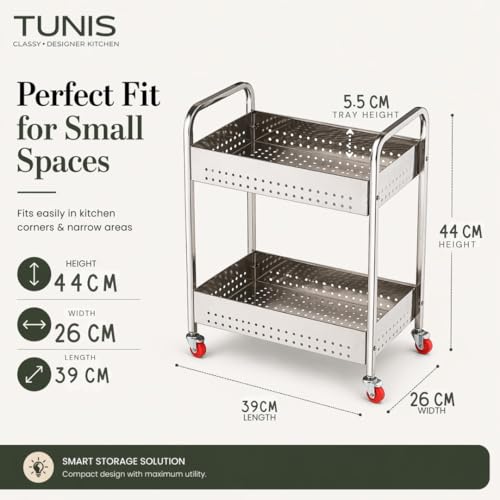 Image of TUNIS 2 Tier 202 Premium Stainless Steel Kitchen Storage Trolley with 360 Rotating Wheels | Multipurpose Vegetable & Fruit Rack Organizer | Movable Storage Cart for Kitchen, Pantry & Home