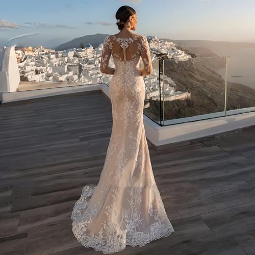 Lace Wedding Dress Mermaid Appliques Long Sleeve V Neck Elegant Bridal Gowns for Women4