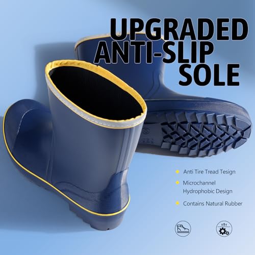 Image of mens rain boots waterproof work boots for men mid-calf deck bootie comfortable garden shoes lightweight chelsea bootie for Gardening Fishing Boating Camping Sailing yellow&blue