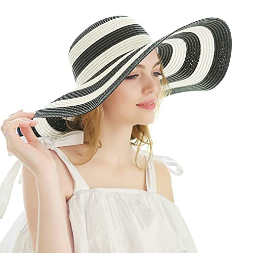 Itopfox Womens Beachwear Sun Hat Striped Straw Hat Floppy Big Brim Hat Black,One Size(22Inch-22.8Inch Circumference) #TOP1