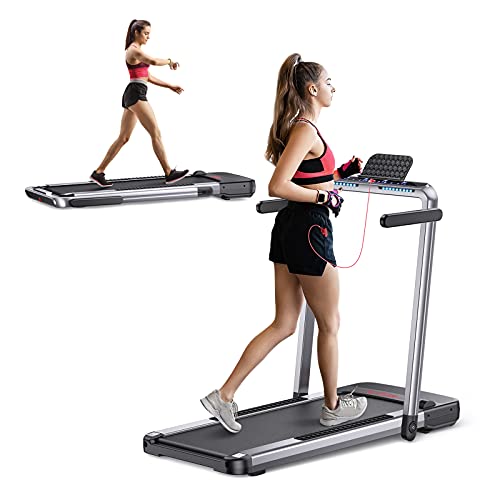 FLYLINKTECH 2 IN 1 Folding Treadmill, 2.25HP Electric Under Desk Treadmill with App & Remote Control, Led Display, 12 Preset Programs, Installation-free Walking Running Treadmill for Home Office