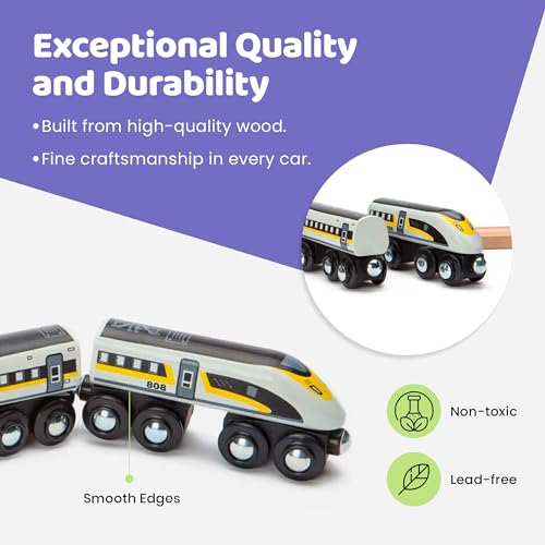 Maxim Enterprise, inc. Wooden Bullet Train, Wooden Train Set of 2 Modern Engines 1 Sleek Passenger Car with Magnetic Connectors, Compatible with Thomas & Friends, BRIO, Other Major Brands