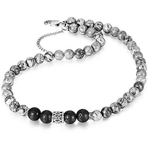 KenKenn - 8mm Natural Stone Tiger Eye Lava Rock Bead Necklace Stainless Steel For Men, Bead Charm Choker Neck Chain Fashion Male Jewelry (18 inch) Cover