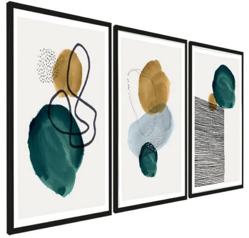 Charming House Design FRAMED Prints A3 Set of 3 Prints + Black Frames Abstract Geometric Green Art Set A3 Size