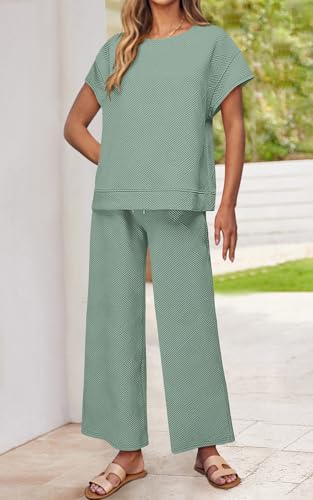 Image of PRETTYGARDEN 2 Piece Outfits For Women Casual Tracksuit Short Sleeve Tops And Wide Leg Long Pants Matching Lounge Sets