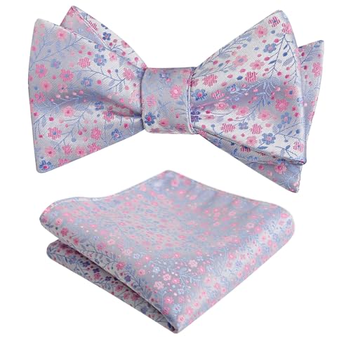 Alizeal Mens 2pcs Floral Pattern Self-tied Bow Tie with Pocket Square Colorful Tie Set Light Blue+Hot Pink