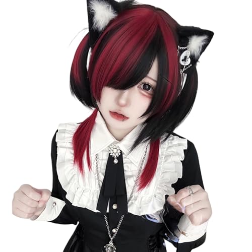 [ボズとガルヤ] クラゲヘア ウィッグ 黒 赤 ゴスロリ メッシュ グラデーション 原宿風 GAL系 耐熱 変装用ウィッグ 斜め前髪 コスチューム小物 ミックス 森ガール パーティー 仮装 (レッド)