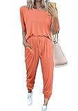 EFOFEI Damen Kurzarm Oberteil Top + Lange Hose Schlafanzug Sommer Freizeitbekleidung Sportbekleidung Zweiteiliges Komfortables Zuhause Hellrot S