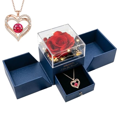 Kruckel Preserved Rose in a Box with I Love You Necklace for Her Real Eternal Rose Gift with Double Heart Pendant Valentines Day Anniversary Birthday for Wife Mom