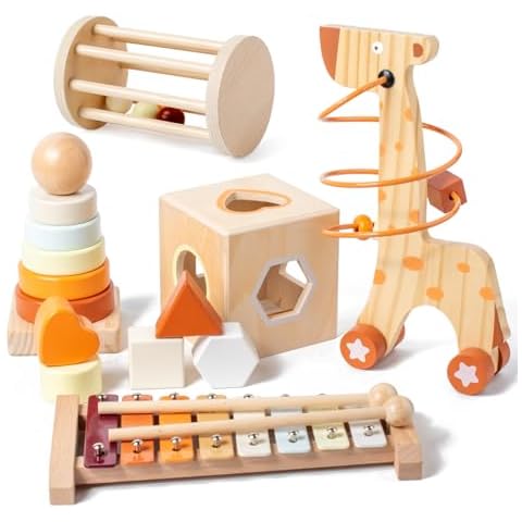 Montessori Toys for 1-3 Year Old, Baby Toys 12-18 Months, Wooden Stacking Rings Toys for Toddlers, Shape Sorting Cube, Xylophone, Preschool Sensory Developmental Educational Toys for Babies Cover