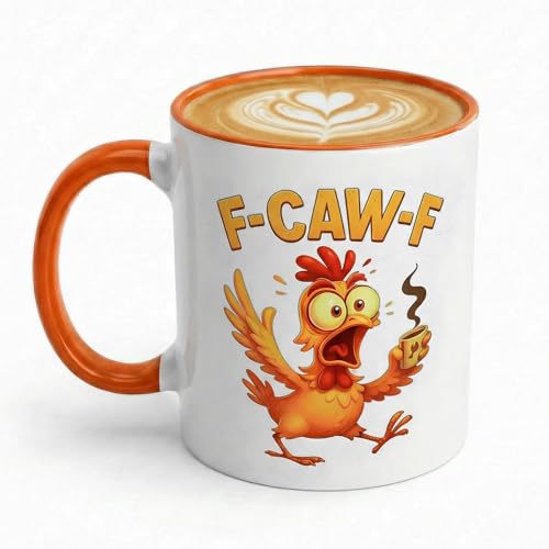 CECOMBINE F-Caw-F Funny Chicken Mug 11oz F-Caw-F Ceramic Coffee Mug Ceramic Farmhouse Themed Mug for Coffee Milk Tea Farm Animal Humor Gift for Friends Coworkers & Party Lovers(White/Orange)
