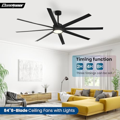 Image of Conciseer Modern Ceiling Fans with Lights, 84 Inch Ceiling Fan with Light and Remote,Living Room Library Cafe Outdoor /Industrial, 3CCT 8 Blades 6 Speed Reversible Quiet DC Motor, Black /A