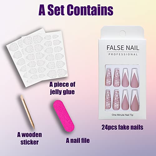 Qingge Christmas Pink French Tip Press On Nails Long Snowflake Coffin Fake Nails Glossy Design Stick On Nails With Glue Nude Hot Pink False Nails Tips Exquisite Acrylic Nails Summer Static Nails For Women 24Pcs #TOP2