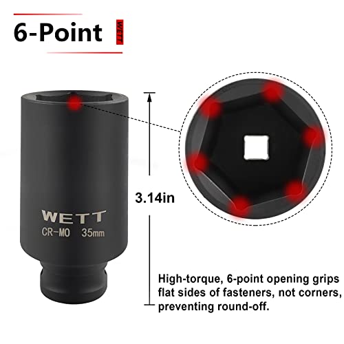 Wett 9Pcs 1/2" Drive Deep 6-Point Impact Socket Set/Spindle Axle Nut Impact Socket Set, Metric, Cr-Mo,29Mm-38Mm #TOP3