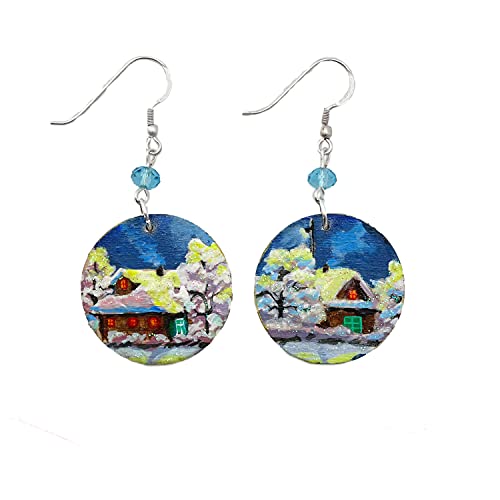 Boucles d'oreilles peintes à la main en bois avec crochet en argent pour femme