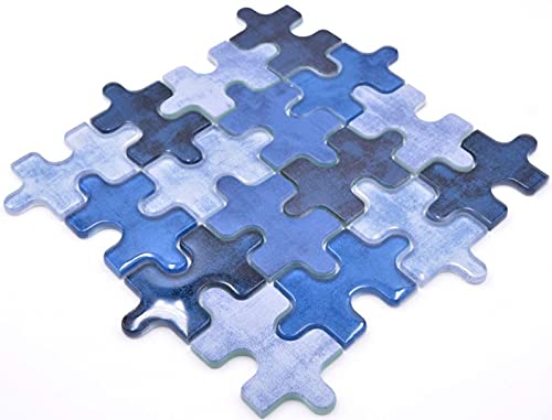 Piastrelle a mosaico in vetro combinato, puzzle misto, blu, per parete posteriore della cucina, MOS88-PT01_f