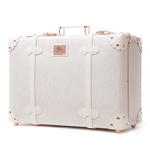 urecity Vintage and Cute Carry-on Overnight Case Non-wheeled Mini Leather Trunk Suitcase with Shoulder Strap, Rose White, 16", Pretty and Cute Vintage Case