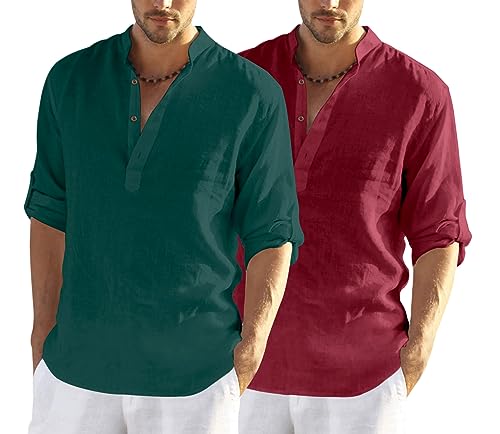 Image of FINIVO FASHION Men's Cotton Blend Solid Full Sleeve Combo Short Kurta Shirt, Regular Fit Solid Pattern Mandarin Collar Straight Kurta Shirt