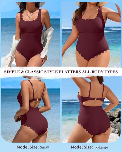 Image of Charmo Womens Scalloped One Piece Swimsuits Modest Bathing Suits | Square Neck,Ribbed,Push Up Removable Cups,Adjustable Wide Straps,Cutout Back,Beach,Pool