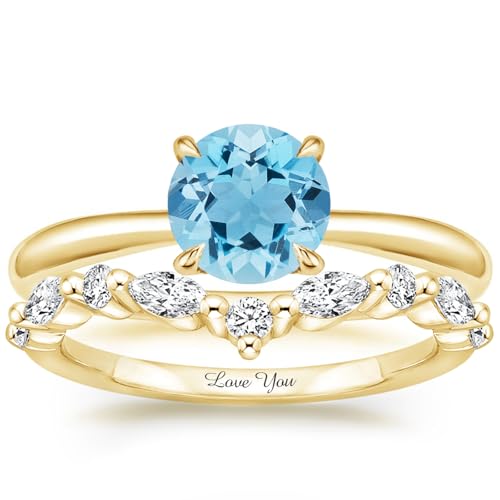 Aquamarine Engagement Ring Sets for Her Women, 10K 14K 18K Solid Gold 1-2 Carat Radiant/Emerald/Pear/Oval Cut Aquamarine Wedding Ring Sets Bands Gift for Anniversary Birthday