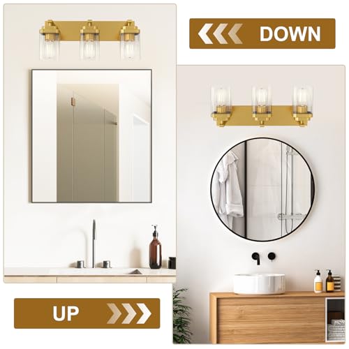Image of Brushed Gold Bathroom Light Fixtures, 3 Lights Bathroom Lighting Fixtures Over Mirror, Square Design & Rectangle Large Backplate, Modern Vanity Lighting Fixtures, for Living Room /Bedroom