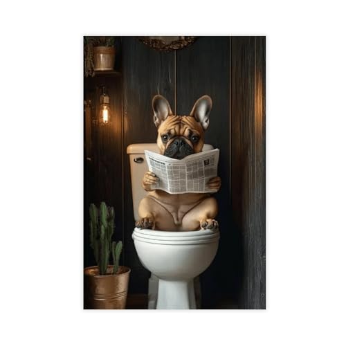 NFFBGFD Impression sur toile représentant bouledogue français sur les toilettes 30 x 45 cm