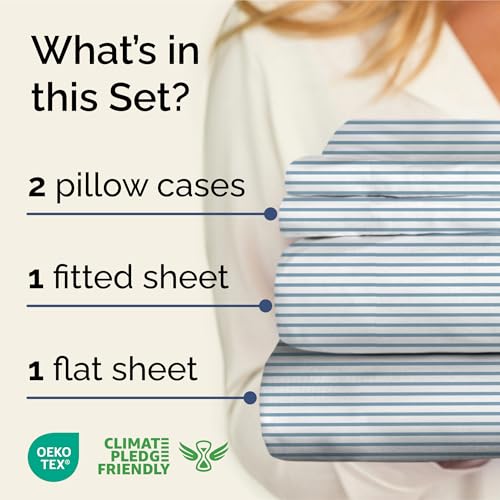 Image of Queen 4 Piece Striped Sheet Set - Soft, Breathable & Cooling - Ocean Stripe | 1 Flat, 1 Fitted & 2 Pillowcases w / Deep Pockets, Luxury Striped Bedding, Soft, Breathable & Cooling, Wrinkle & Fade Free
