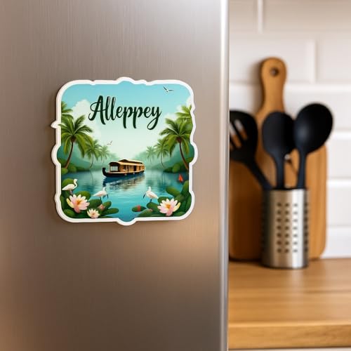 Image of Naxon Alleppey Kerala Souvenir Wooden Fridge Magnet - 3x3 Inch Refrigerator Magnet for Kitchen & Home Decor | Travel Souvenir Gift with Backwaters & Houseboat Design | Pack of 1