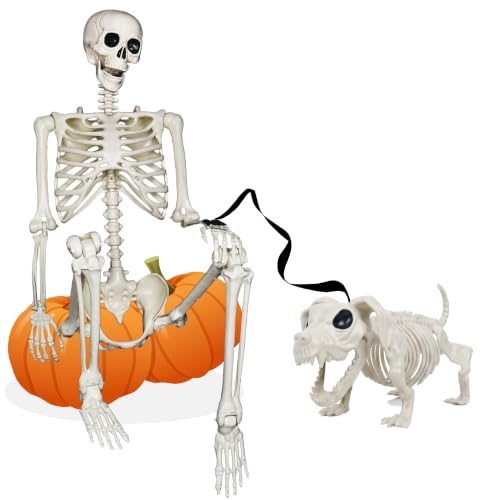 NEROSUN 5.4FT Halloween Skeletons Decoration, Posable Life Full Size Skeleton with Dog Skeleton, Realistic Plastic Human Bones for Halloween Props Haunted House Graveyard Party Decor