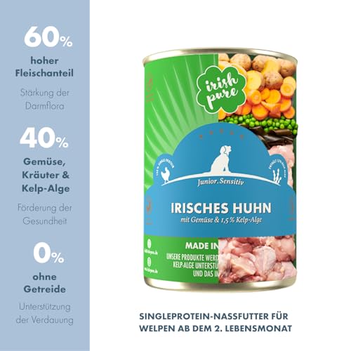 Irish Pure Premium Junior Nassfutter für Hunde | 6 x 390g | irisches-Huhn | Vitamine | Getreidefrei | Sensitiv | mit Superfood Kelp-Alge | Nassfutter für alle Rassen