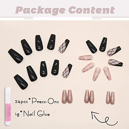 Lovamis Press On Nails Medium - Coffin Fake Nails With Checkered Pattern, Glam Shimmer False Nails, French Tip Acrylic Nail Kit, Reusable Stick On Nails, 24Pcs/Set (Checkerboard Designb) #TOP3