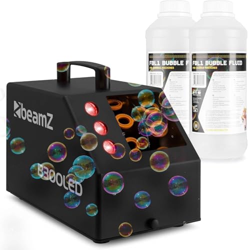 BeamZ B300LED Pack Machine à Bulles + 2L de Liquide, Enfant/Mariage/Soirée avec LEDs RGB - Ventilateur Puissant, Double Roue, Poignée, Télécommande,...