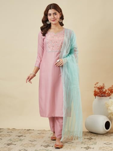 Image of MOKOSH Women's Silk Blend Kurta Pant with Dupatta | Kurta Set | Embroidery | Indian Kurta Outfit With Pant | Ethnic Kurta | 3 Piece Outfit