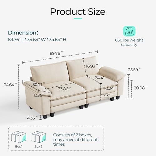 Image of LINSY HOME 90 inch Modular Cloud Love Seat Sofa, Corduroy Soft Sectional Couch, Modern Comfy Love Seat, Perfect for Living Room, Apartment, Office, Beige