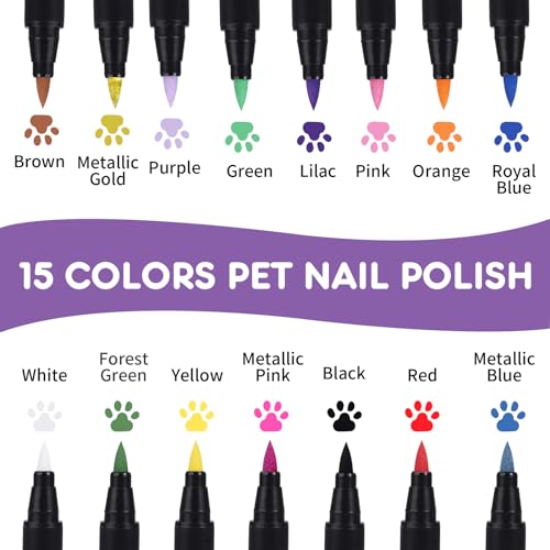 Cheloment 15 Colors Dog Safe Nail Polish Pen Quick Dry, Pet Nail Polish for Cats/Dogs/Birds/Rabbits,Dog Nail Colors,Nail Polish Pens for Dogs,Dog Claw Care Set for DIY Puppy Nails,Easy to Apply
