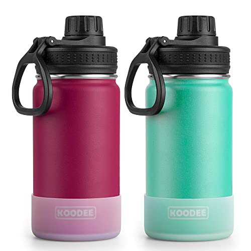 Koodee Kids Water Bottle For School 2 Pack 12 Oz Stainless Steel Vacuum Insulated Wide Mouth Sports Water Bottle With Leakproof Spout Lid (Fuchsia Red-Teal) #TOP25