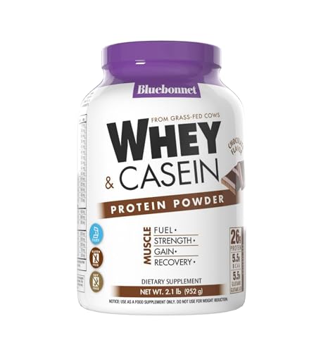 Bluebonnet Nutrition Whey & Casein Protein Powder, Whey from Grass Fed Cows, 26 Grams of Protein, No Sugar Added, Non GMO, Gluten Free, Soy Free, Kosher Dairy, 2.1 lbs, 28 Servings, Chocolate Flavor Bluebonnet Nutrition Whey & Casein Protein Powder, Whey from Grass Fed Cows, 26 Grams of Protein, No Sugar Added, Non GMO, Gluten Free, Soy Free, Kosher Dairy, 2.1 lbs, 28 Servings, Chocolate Flavor