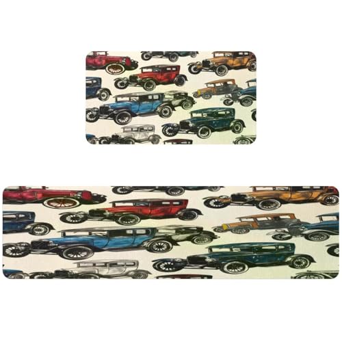 Tapete de cocina absorbente para pasillo y cuarto de lavado con coches retro 2