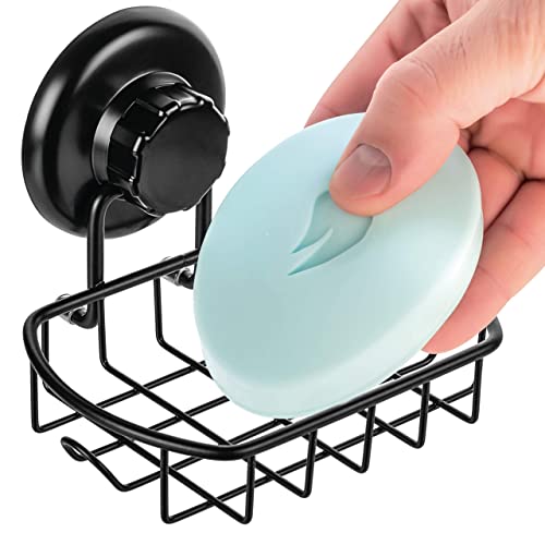 Hasko Accessories Suction Soap Dish With Hooks - Super Powerful Vacuum Suction Cup Shower Soap Holder - Rustproof Stainless Steel Ss304 Soap Basket - Sponge Holder For Bathroom & Kitchen (Black) #TOP3