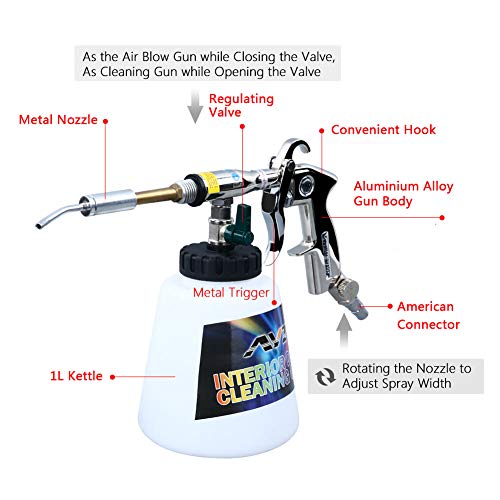 YVO Car Cleaning Gun, High Pressure Interior Detailing Gun Automotive Pneumatic Washing Gun with Air Regulating Valve 1000ml Foam Bottle Car Maintenance Tools