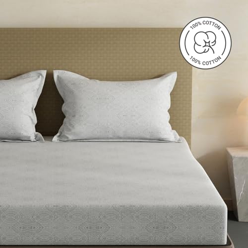 Image of Layers 100% Cotton Fitted Sheet for King Size Bed | Lumina Floret Collection | 144 TC Soft & Breathable | Geometric with 2 Pillow Covers | Wrinkle Free & Colorfast | 3 Pc Bedding Set - Grey