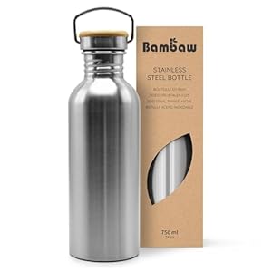 Bambaw Stainless Steel Single Wall Water Bottle, 24 oz, 750 ml, Reusable, Leakproof, Dishwasher Safe, BPA Free, Ideal for Travelling, Hiking, Yoga