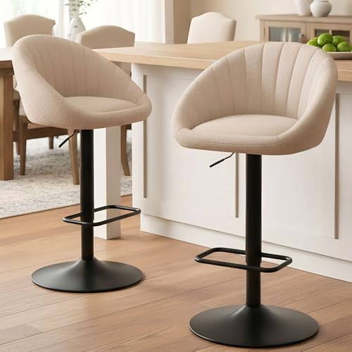 ROCITY Set de 2 Butacos Regulables Giratorios para Barra, Terciopelo Beige | Butacos Modernos de Altura para Isla de Cocina con Espalda y Base de Metal, Sillas Tapizadas miniatura 1