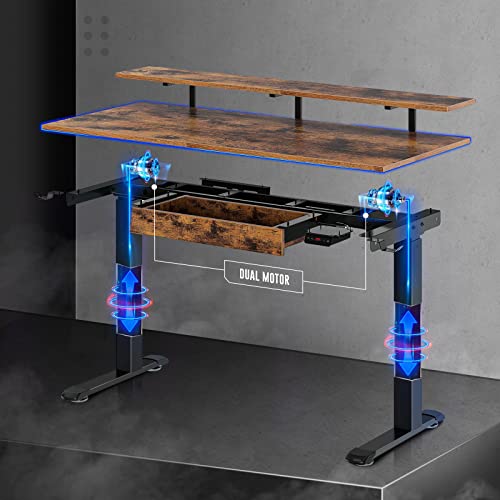 Rolanstar Standing Desk Dual Motor With Usb Charging Ports, 55" Adjustable Height Desk With Drawer And Monitor Shelf, Electric Standing Desk With 2 Headphone Hooks, Rustic Brown #TOP4