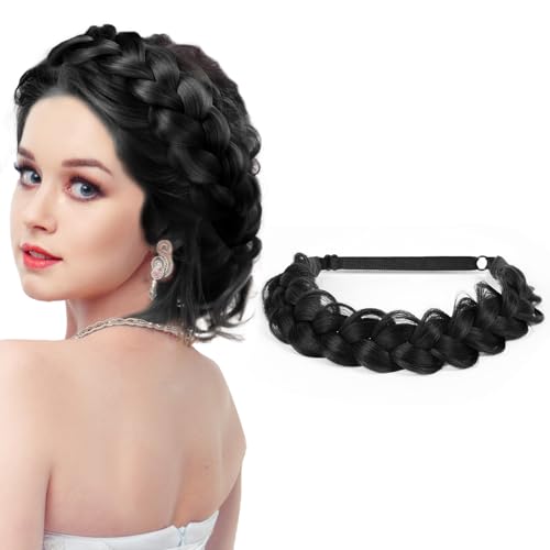 LOPHE Fascia per capelli intrecciata larga e disordinata, a 2 fili, con coda di pesce, soffice per sposa e donne, soft treccia (nero)