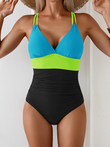 Image of Aidonger Women's One Piece Color Block Swimsuit Tummy Control Slimming Bathing Suit V Neck Cutout High Waisted Swimwear