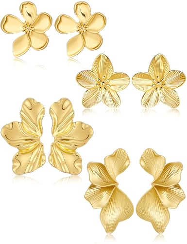 Gold Flower Statement Earrings for Women, 14K Gold Plated Large Irregular Leaf Drop Earrings, Big Chunky Dangle Floral Earrings Set for Gift