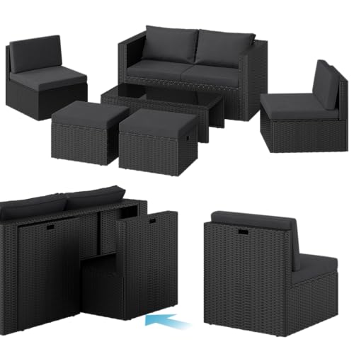 STEELSØN Polyrattan Gartenlounge Noctura, Outdoor Sitzgruppe 6-teilig, Gartenmöbel Set mit Sofa, Sessel, Hocker, Tisch, Sitzecke für bis zu 6 Personen, wetterfest, schwarz/anthrazit